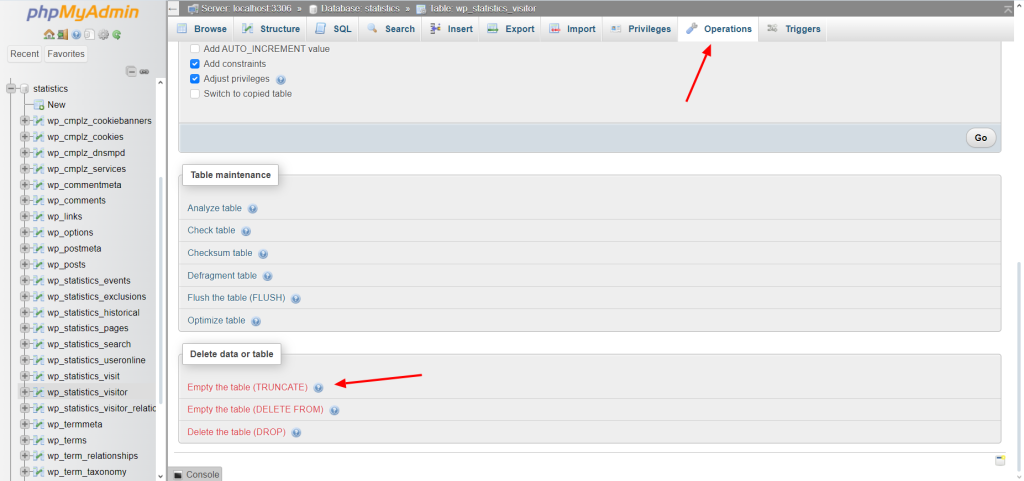 WP Statistics Truncate Single Table