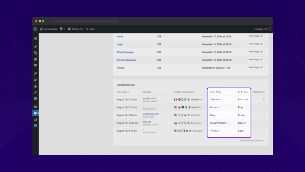 Entry and Exit Page Columns of WP Statistics