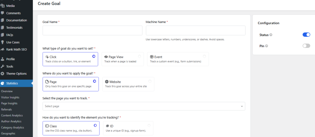 Create Goals on WP Statistics for Custom Events